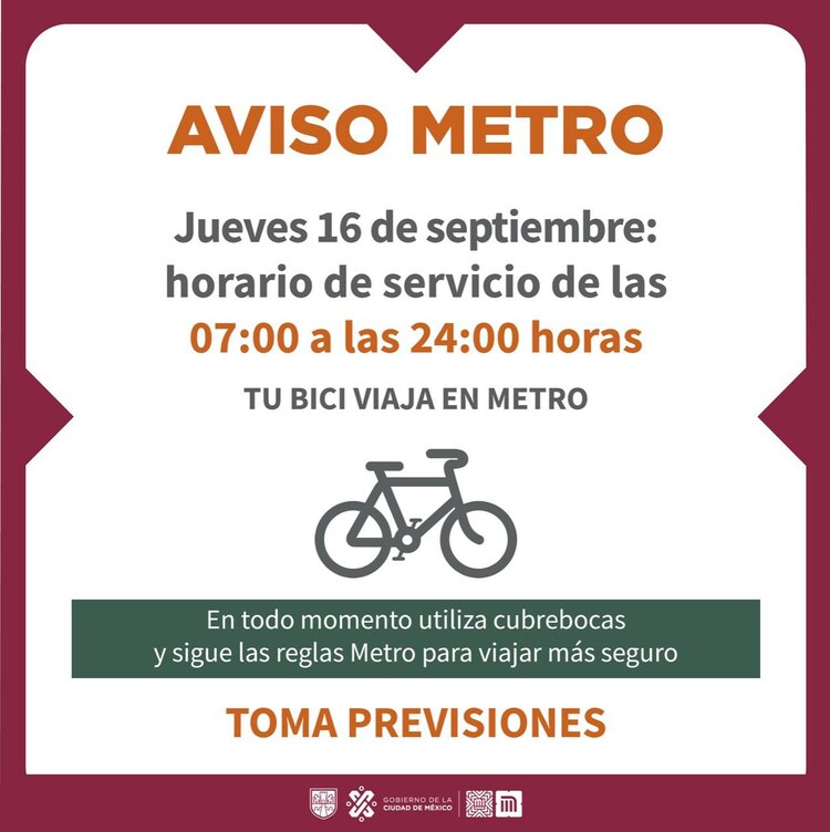 El Metro de la CDMX recordó que los usuarios podrán viajar con su bici este 16 de septiembre.