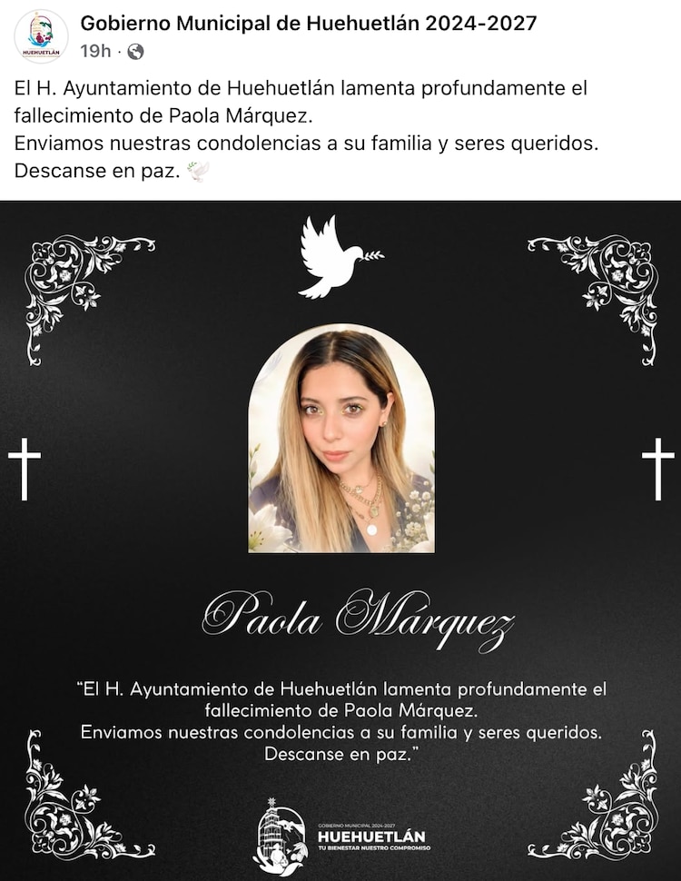 Publicación del gobierno municipal de Huehuetlán sobre la muerte de Paola Márquez