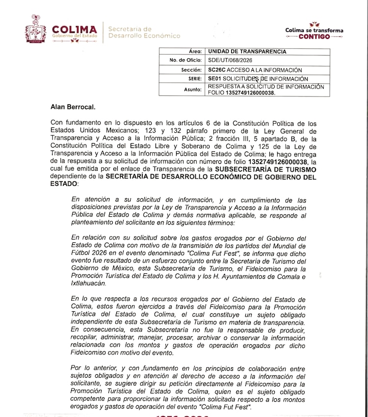 OFICIO de la Secretaría de Desarrollo Económico, en el que dice no tener los datos.