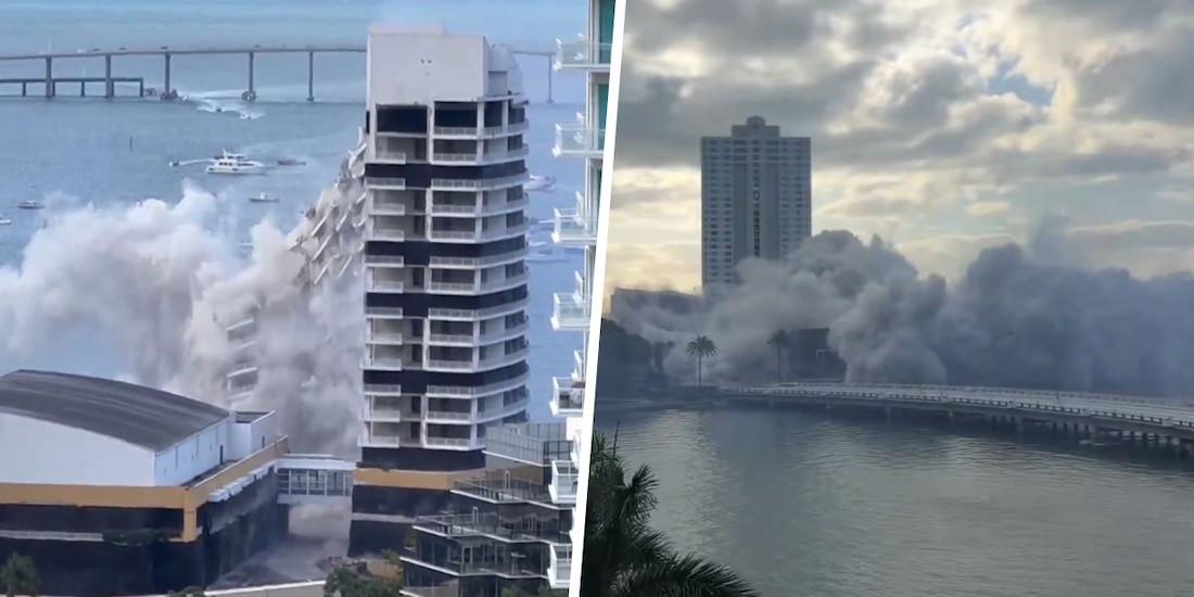 Implosión controlada del Mandarin Oriental sorprende en Miami, Florida.