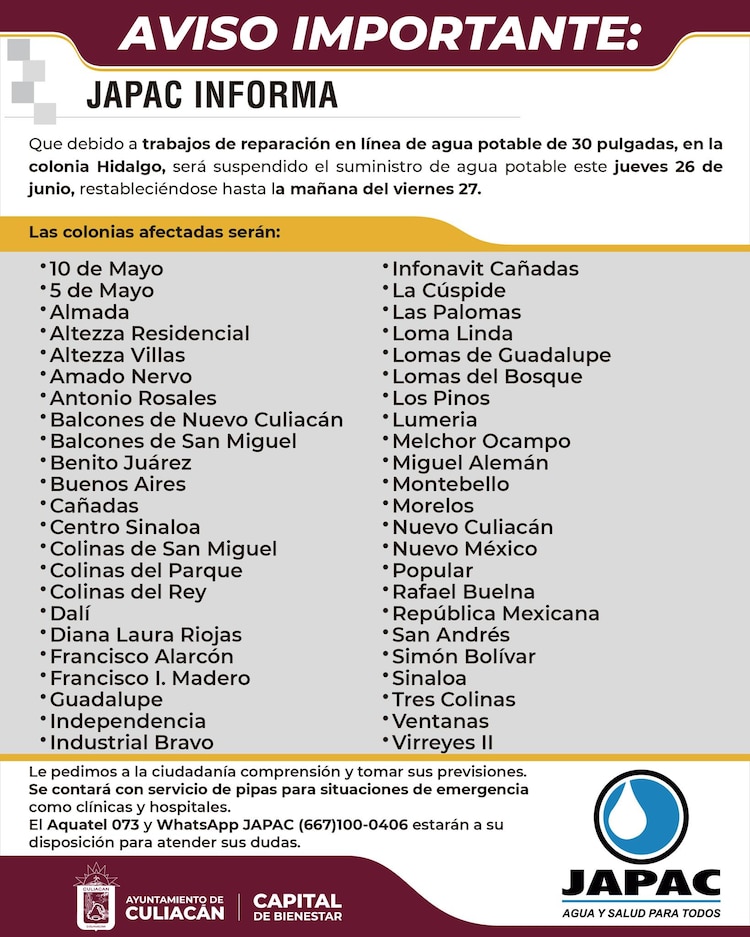 Lista de las colonias de Culiacán afectadas por el corte de agua.