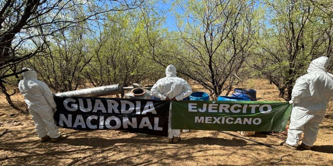 En Sonora, elementos de GN y Ejército Mexicano inhabilitaron un área de concentración de material diverso para la elaboración de metanfetamina.