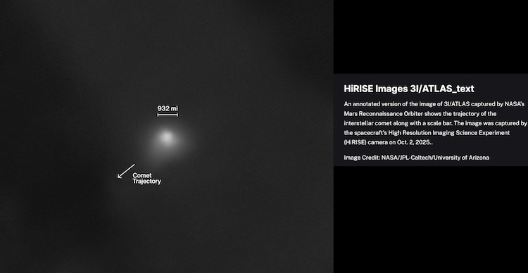 Imagen del cometa 3I Atlas captada por el Orbitador de Reconocimiento de Marte de la NASA