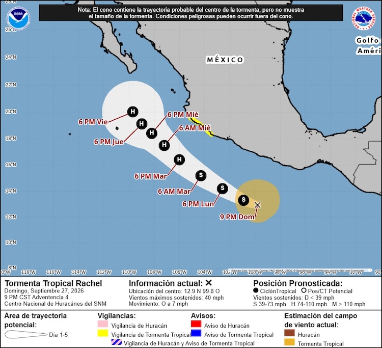 Pronóstico de la trayectoria de "Rachel" sobre el océano Pacífico.