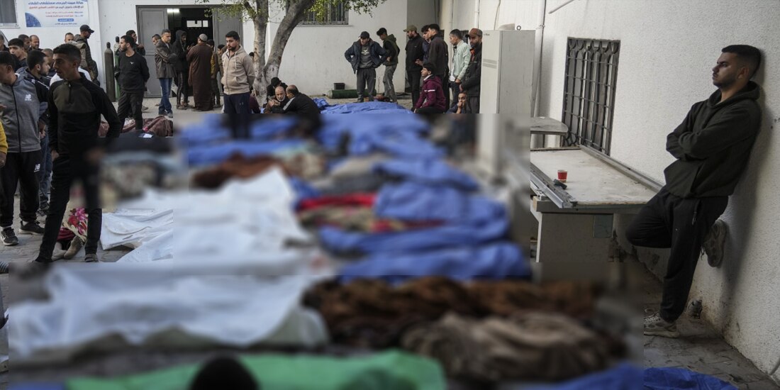 Los cuerpos de los palestinos muertos, ayer afuera del hospital en Gaza.
