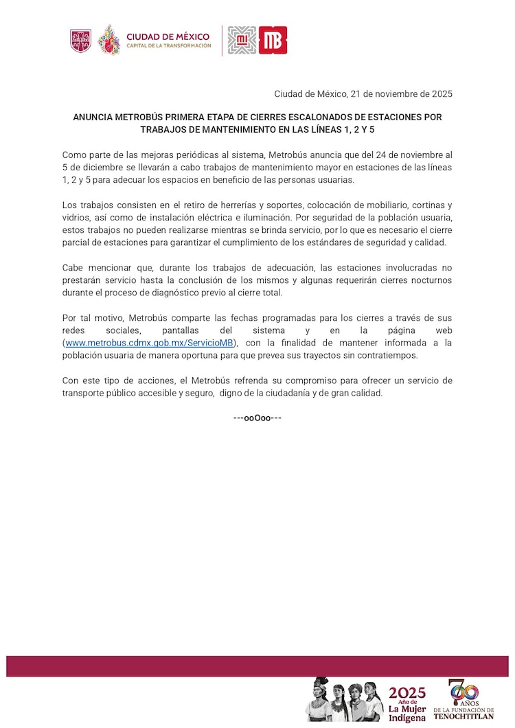 Comunicado del Metrobús