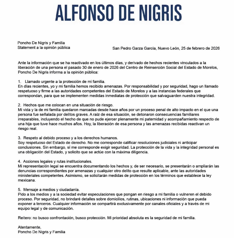 Comunicado de Poncho de Nigris