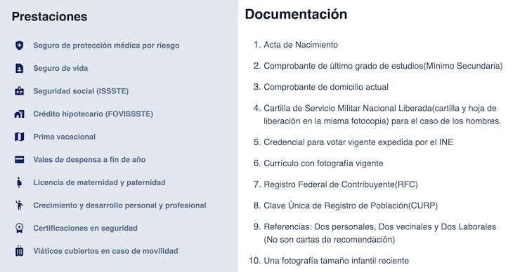Prestaciones y documentación del Servicio de Protección Federal