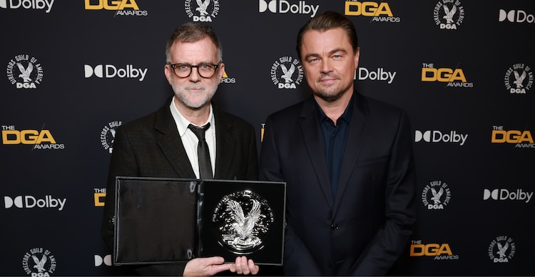 Leonardo DiCaprio y Paul Thomas Anderson en un evento para Una batalla tras otra
