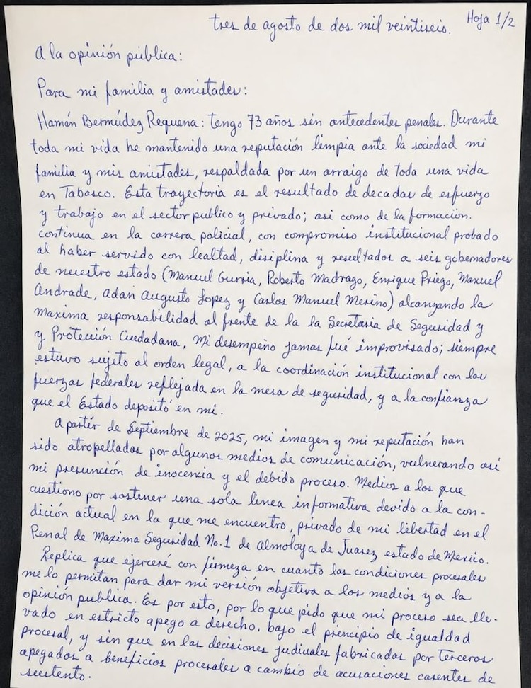 Carta atribuida a Hernán Bermúdez Requena difundida el 12 de agosto de 2026.
