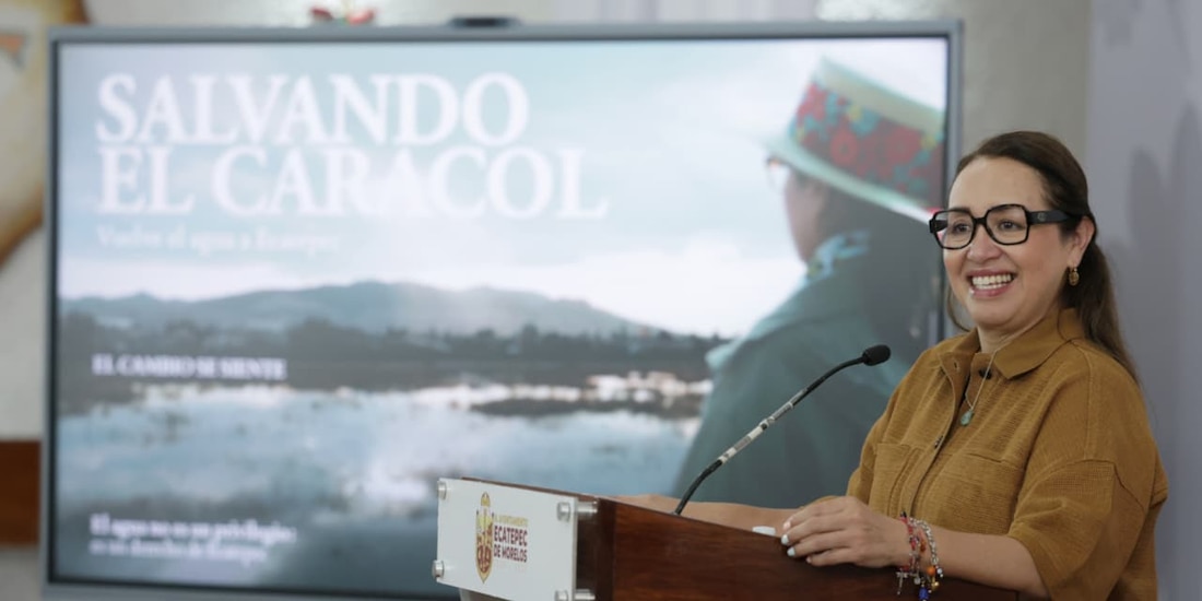 La alcaldesa Azucena Cisneros Coss durante la presentación de los avances en el proyecto hídrico y ambiental de El Caracol.