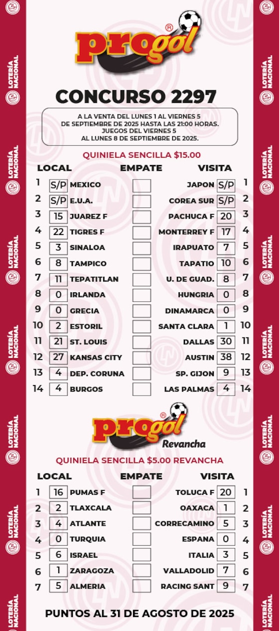 Quiniela del Progol 2297.