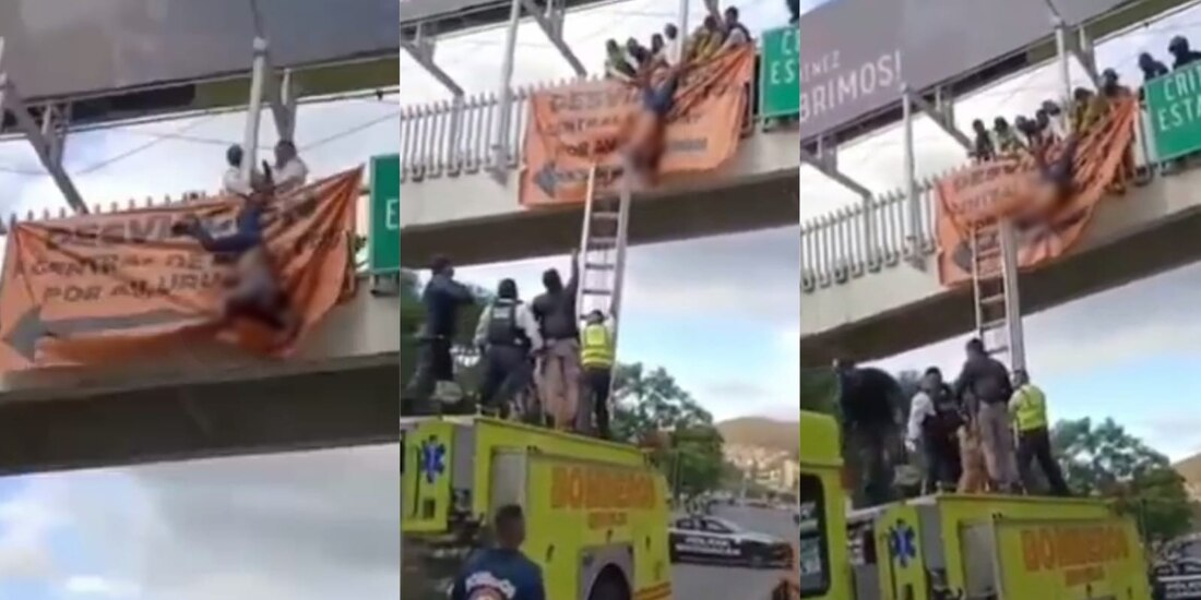 Al menos nueve personas sostenían al hombre de las piernas para evitar su caída.