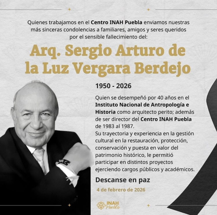 Publicación del INAH Puebla sobre la muerte de Sergio Vergara Berdejo