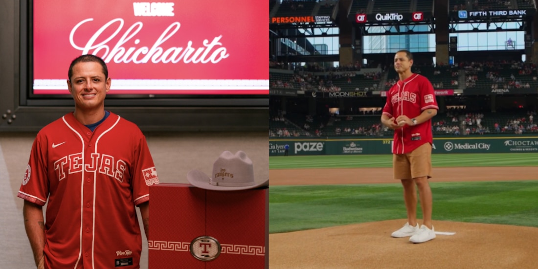 Chicharito Hernández con la franela de los Rangers de Texas.