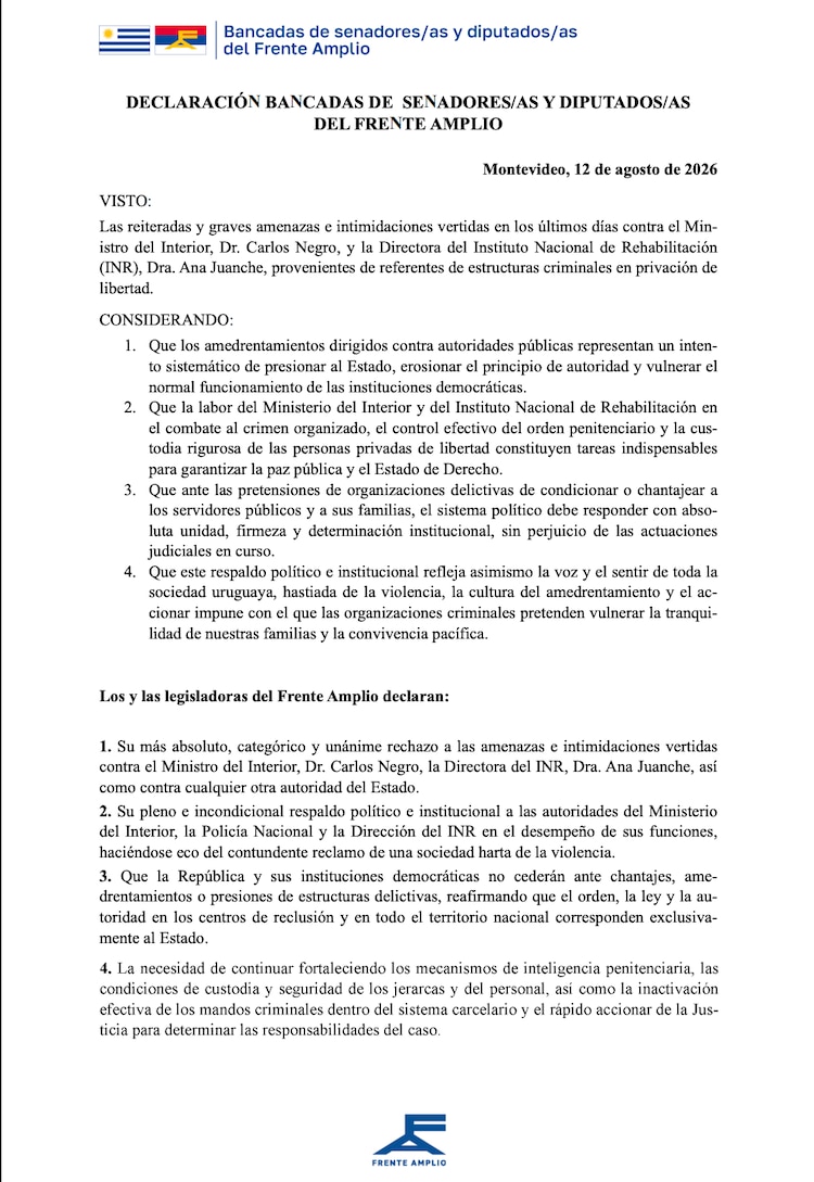 Declaración bancadas de senadores/as y diputados/as del Frente Amplio