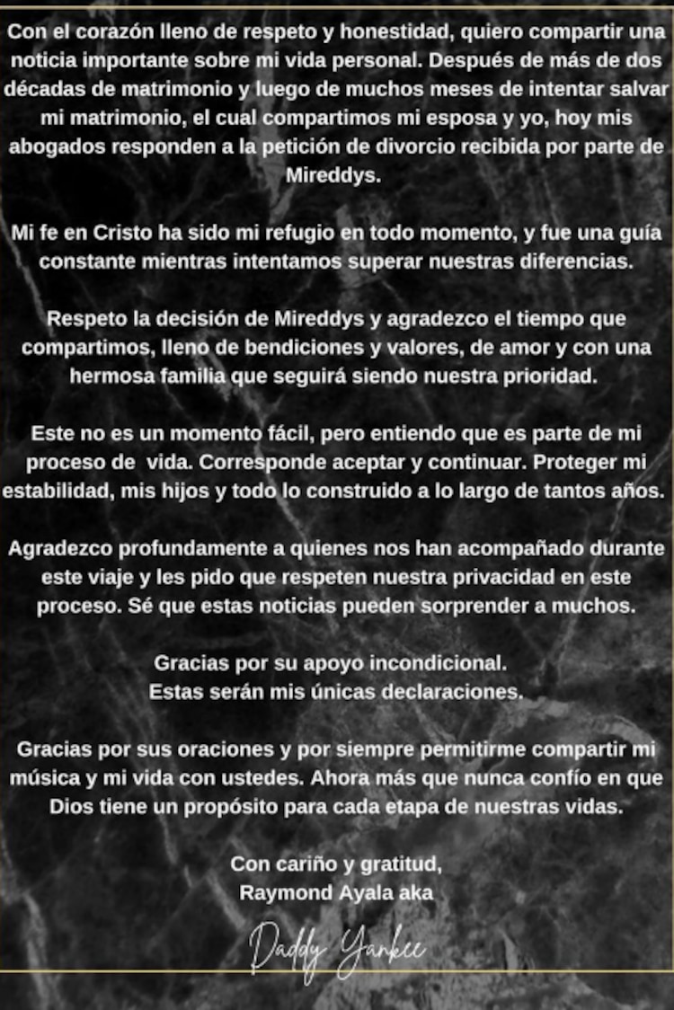 Daddy Yankee anuncia su divorcio.