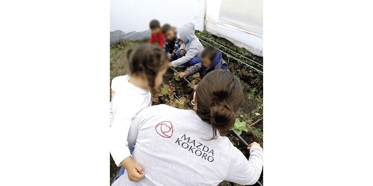 Niños cultivan un huerto escolar.