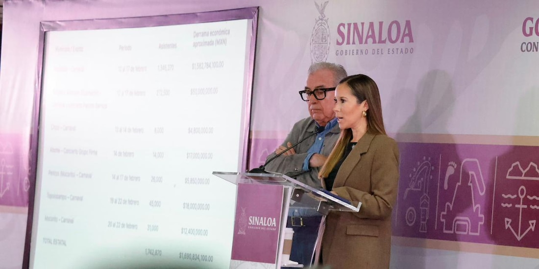 La secretaria de Turismo, Mireya Sosa, y el gobernador Rubén Rocha Moya presentan cifras positivas de las fiestas sinaloenses.