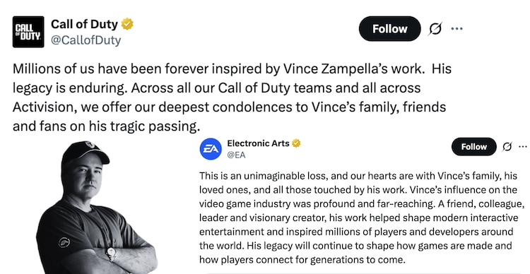 Publicaciones de COD y EA sobre la muerte de Vince Zampella