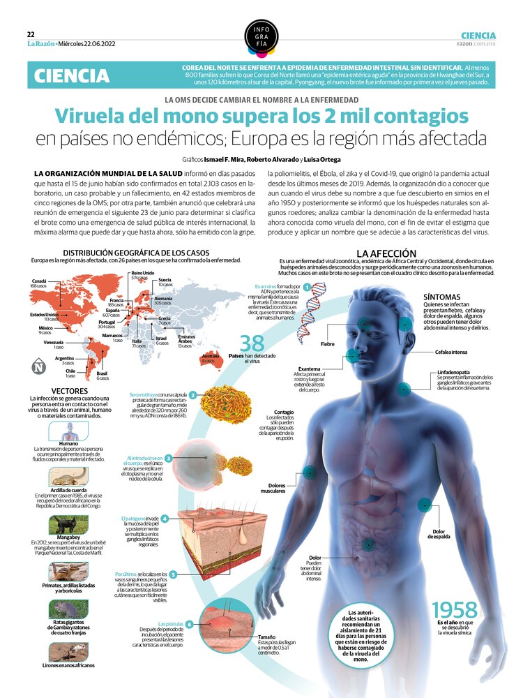 Viruela del mono supera los 2 mil contagios en países no endémicos; Europa es la región más afectada