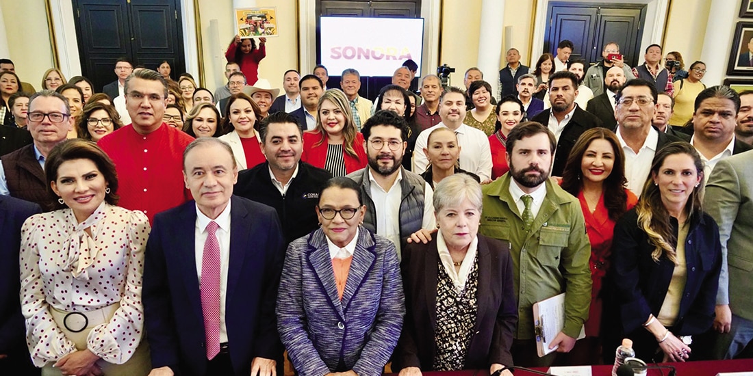 Rosa Icela Rodríguez y los titulares de Semarnat, Conagua, del Trabajo, IMSSBienestar y Profepa, ayer.