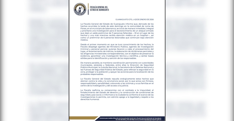 Comunicado de la Fiscalía de Guanajuato sobre lo ocurrido en Salamanca
