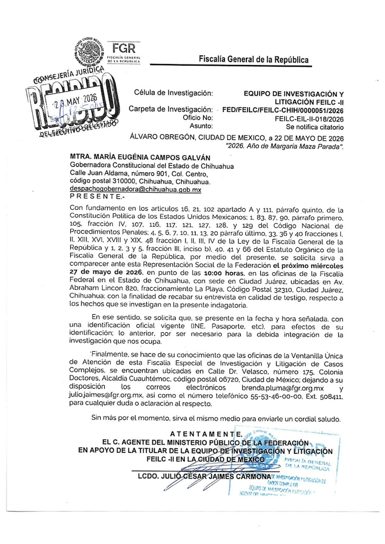 Citatorio de la FGR para Maru Campos.