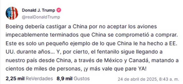 Post de Donald Trump en su red social Truth Social