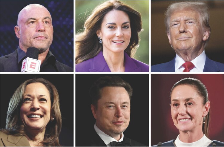 De izq. a der., de arriba a abajo, los nominados Joe Rogan, Kate Middleton, Donald Trump, Kamala Harris, Elon Musk y la Presidenta Claudia Sheinbaum.