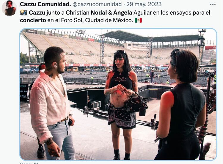 Nodal, Ángela Aguilar y Cazzu en mayo de 2023 juntos en ensayo del Foro Sol
