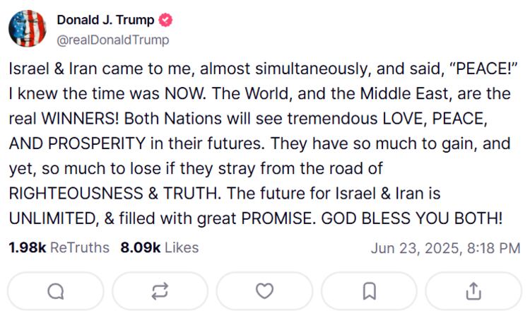 Donald Trump afirma que Irán e Israel se acercaron a Estados Unidos para un acuerdo de paz.
