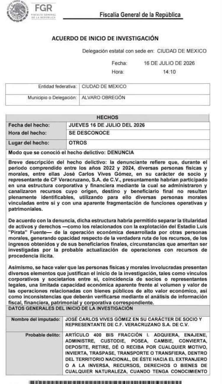 Acuerdo de inicio de investigación FGR