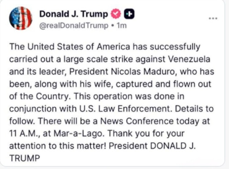 Mensaje de Donald Trump en redes sociales.