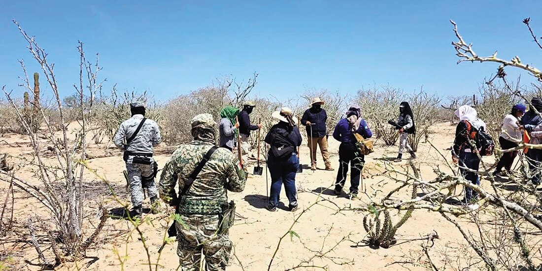 Autoridades estatales y colectivos de búsqueda de personas, en el predio de Comondú en donde fueron halladas dos fosas, el sábado.