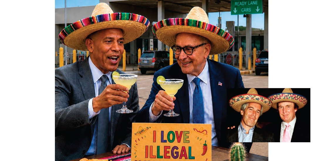 ARRIBA: imagen de Hakeem Jeffries y Chuck Schumer; abajo, otra de Jeffrey Epstein y Donald Trump.