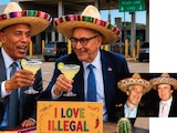 ARRIBA: imagen de Hakeem Jeffries y Chuck Schumer; abajo, otra de Jeffrey Epstein y Donald Trump.