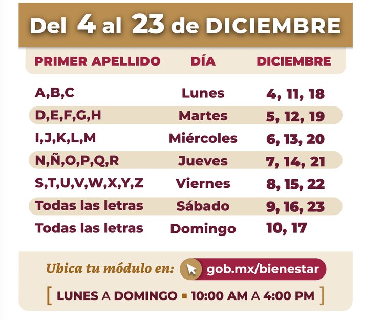 Calendario Pensión Bienestar.