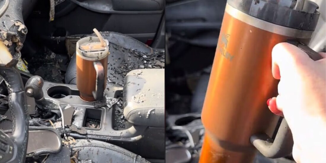 ¡Es indestructible! Termo sale intacto durante incendio de un auto y empresa le regala un carro nuevo a dueña.