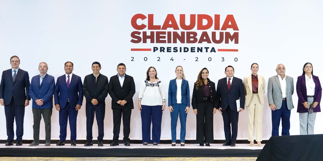 De izq. a der. Eduardo Ramírez, Salomón Jara, Javier May, Rocío Nahle, Claudia Sheinbaum, Mara Lezama y Joaquín Díaz.