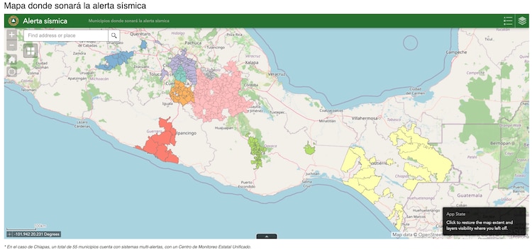Mapa que indica los lugares en los que sonará la alerta sísmica