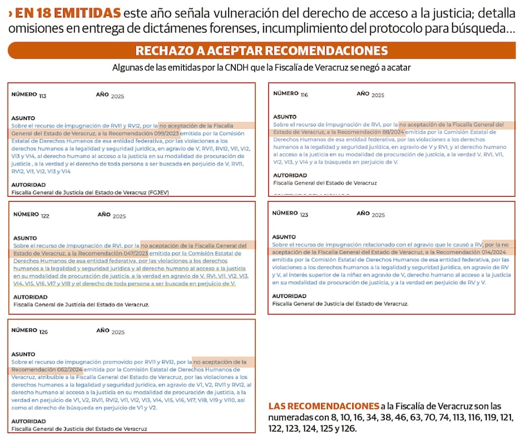 Las recomendaciones a la Fiscalía de Veracruz son las numeradas con 8, 10, 16, 34, 38, 46, 63, 70, 74, 113, 116, 119, 121, 122, 123, 124, 125 y 126.