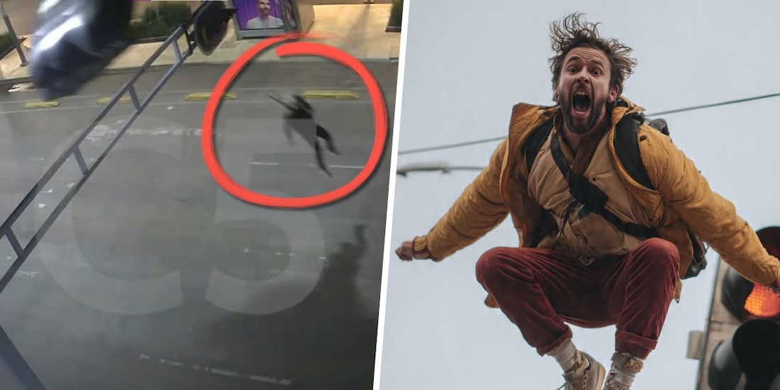 Hombre baja en paracaídas sobre avenida Balderas... pero se queda atascado en semáforo.