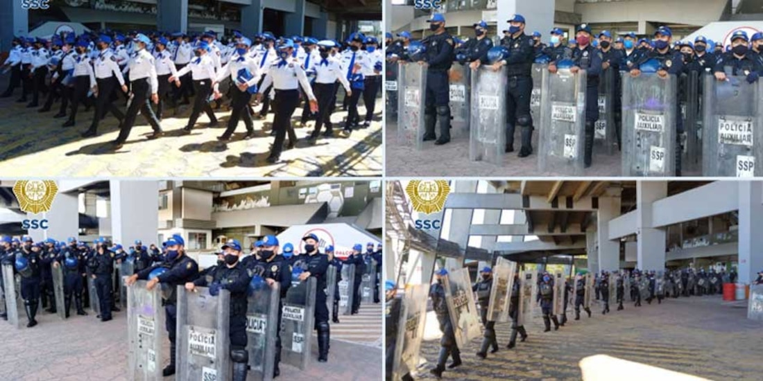 Elementos de la SSC resguardan las inmediaciones del Estadio Azteca durante un encuentro de futbol