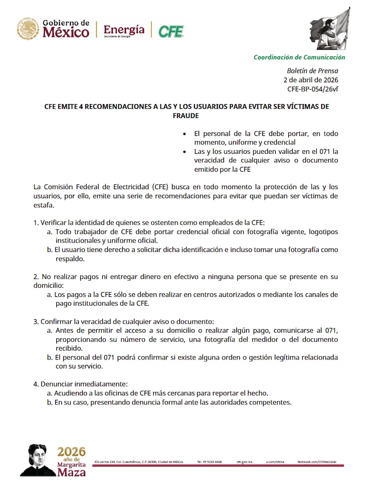 Comunicado de la CFE sobre posibles fraudes