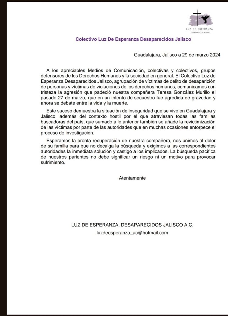 Colectivo Luz de Esperanza de Jalisco denunció el ataque en contra de la madre buscadora Teresa Murillo.