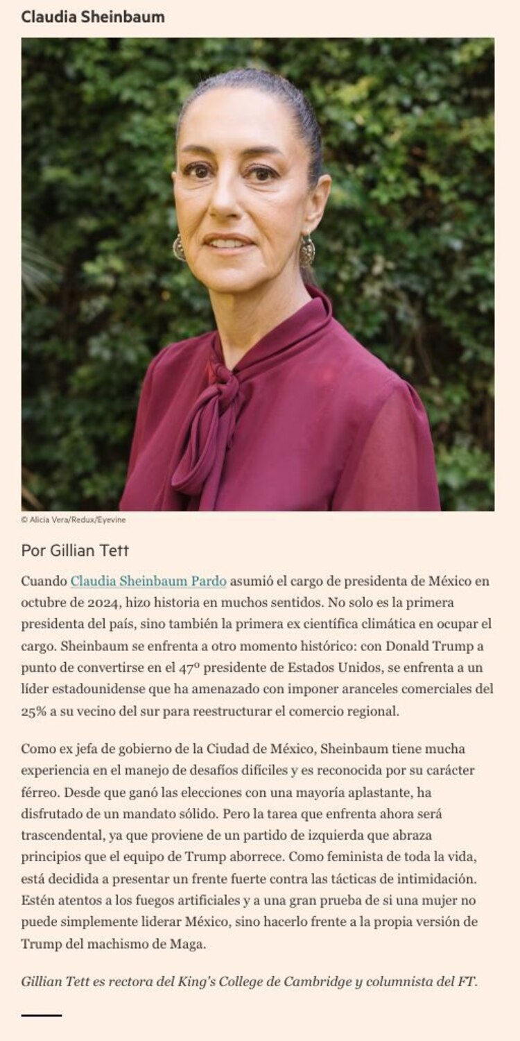 Perfil de Claudia Sheinbaum en el diario Financial Times escrito por Gillian Tett.