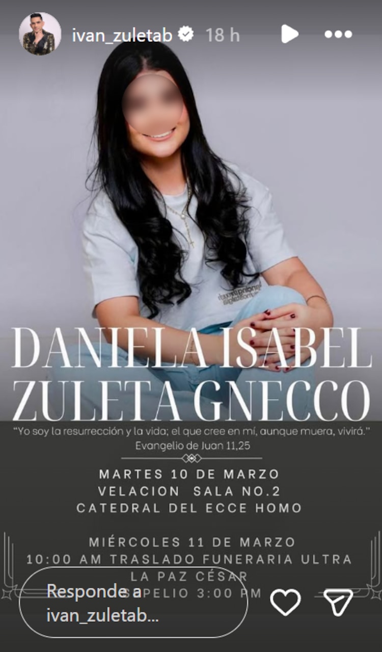 Esquela de Daniela Zuleta, sobrina de Iván Zuleta