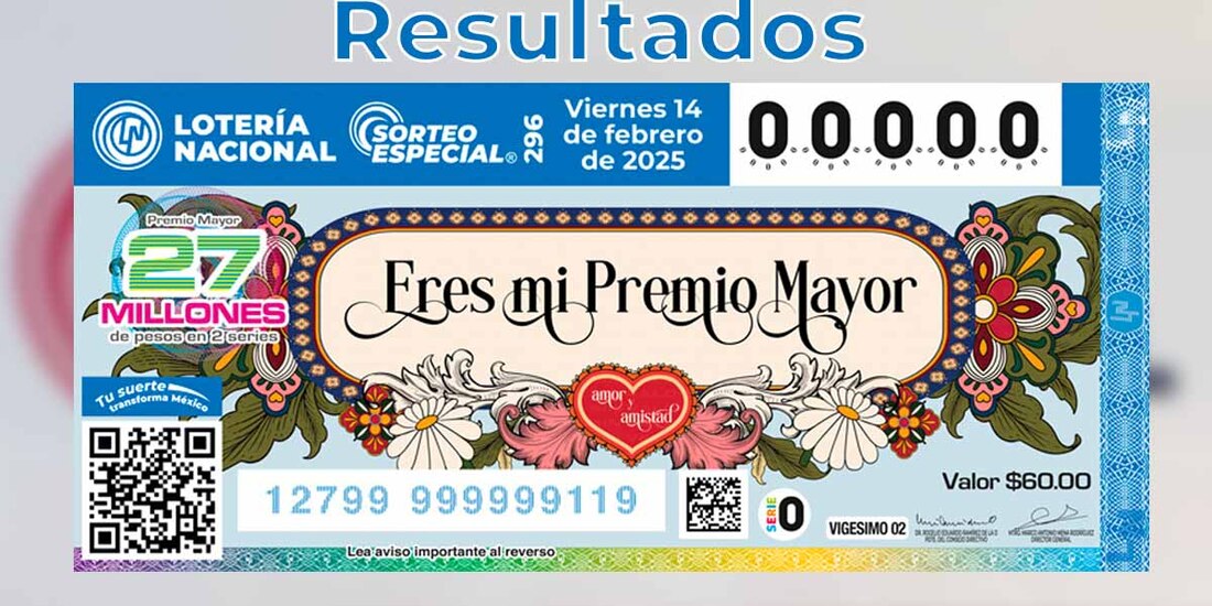 Sorteo Especial 296 Resultados del 14 de febrero del 2025 de Lotería Nacional.