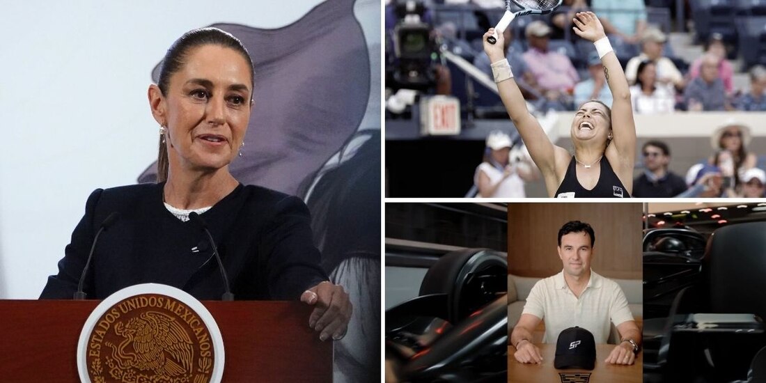 La presidenta Claudia Sheinbaum felicita a Renata Zarazúa y a "Checo" Pérez.